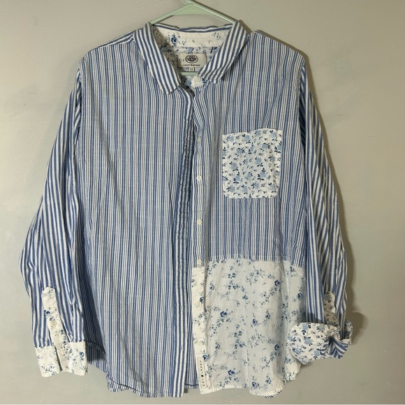 Lucky Brand Laura Ashley Blue Floral Print Mix Boyfriend Button Up Shirt - Picture 2 of 7
